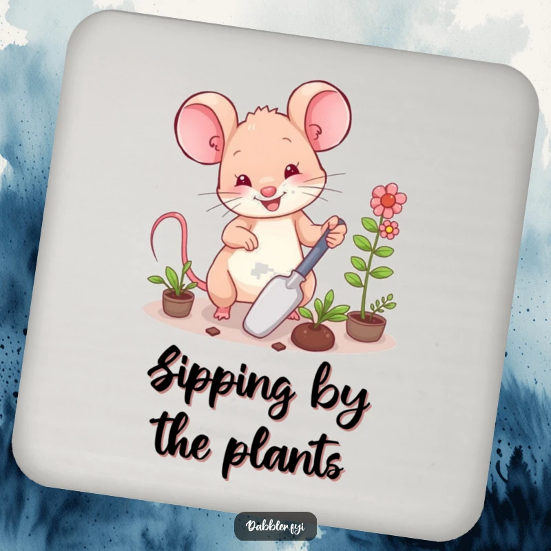 Funny Coaster: A happy mouse character arranging miniature plants with a trowel, adding garden humor.