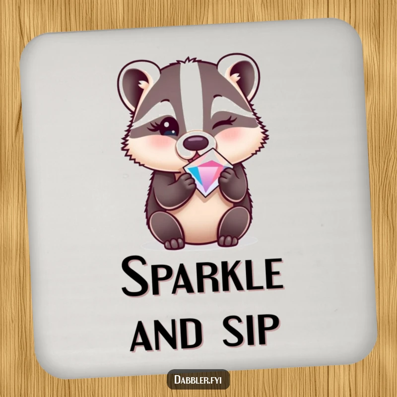 Funny drink coasters featuring a surprised badger winking while holding a sparkly gem, adding playful decor.