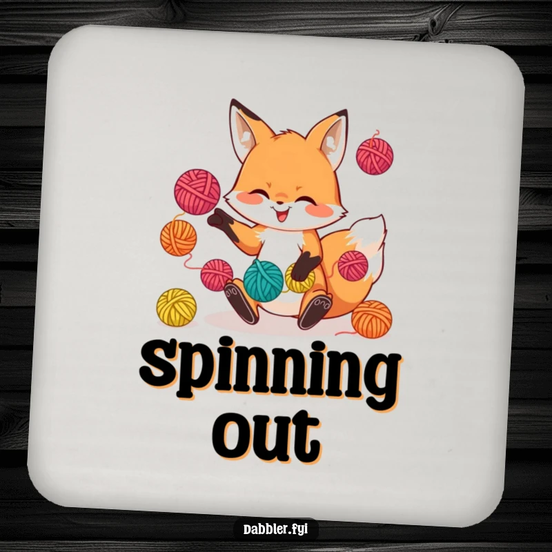 Funny coasters with a playful fox character juggling colorful yarn balls, protecting surfaces with crafty charm.