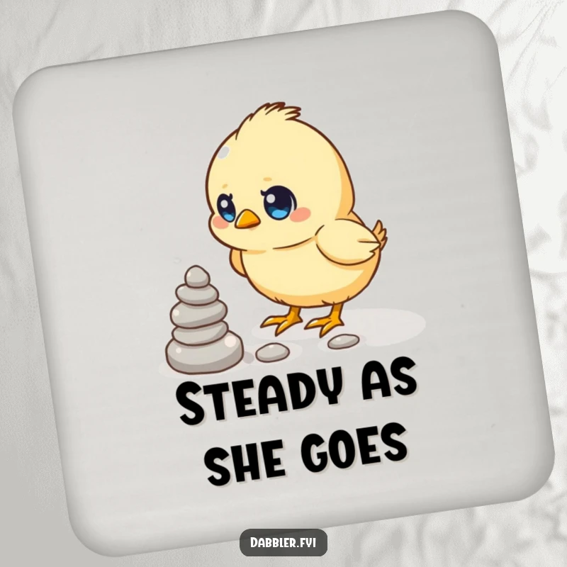 Funny drink coasters featuring a determined chick stacking small pebbles, adding cute and humorous protection.