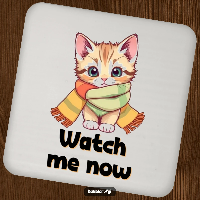 Funny coaster with a curious kitten peeking from a colorful scarf, protecting surfaces with humor as a funny gift.