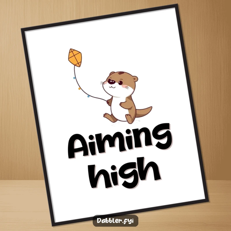 Funny poster art of a determined otter character flying a small, handmade kite, a whimsical and humorous depiction of effort.