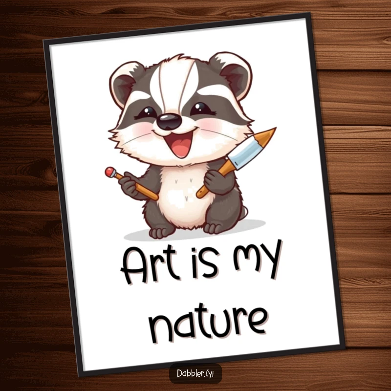 Funny Poster: A delighted badger enthusiastically experiments with a palette knife, creating abstract art with a joyful, messy flair.
