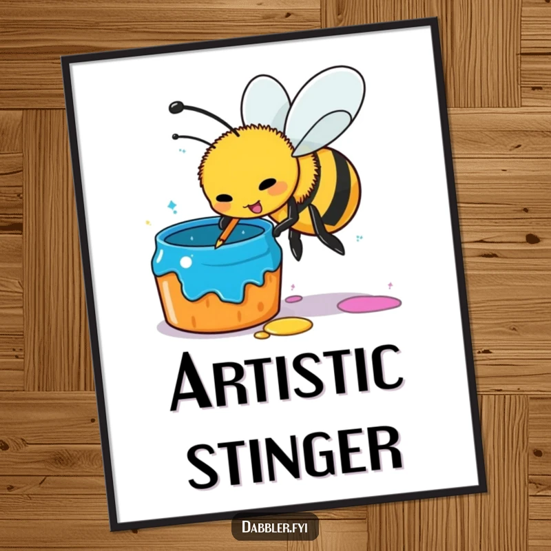 Funny busy bee poster, artist bee dipping stinger in vibrant paint pot, dynamic wall art, humorous and creative gift for spaces.