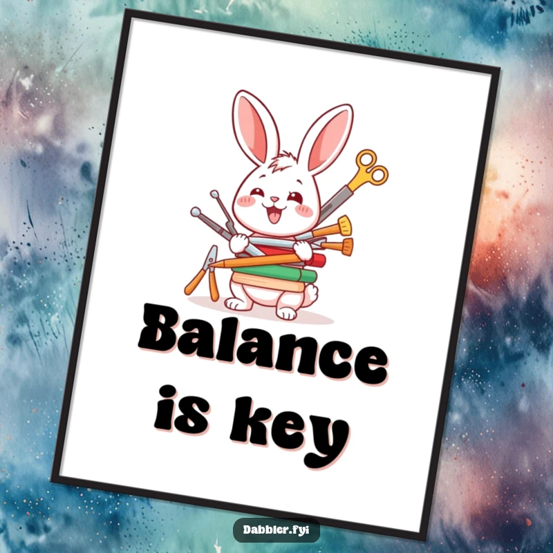 Funny poster art of a happy rabbit character enthusiastically balancing a stack of crafting tools, a whimsical and humorous illustration.