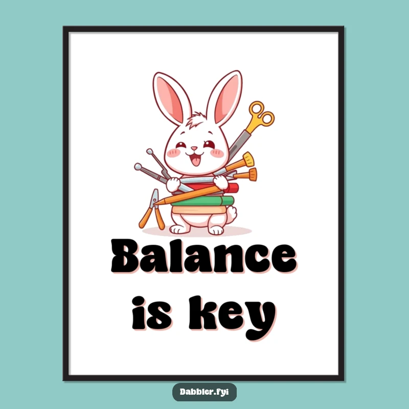 Funny Rabbit Crafter Poster: Joyful Bunny Balancing Tools Art, Whimsical Funny Gift
