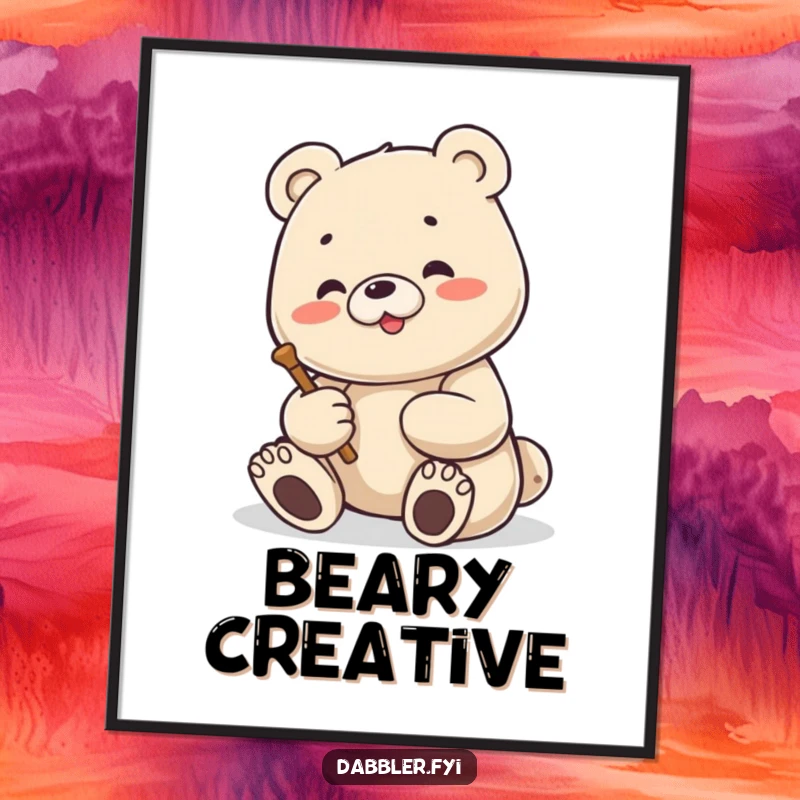 Funny Bear Poster: Content bear energetically sculpting a small figure, embodying artistic passion and humor in wall art.