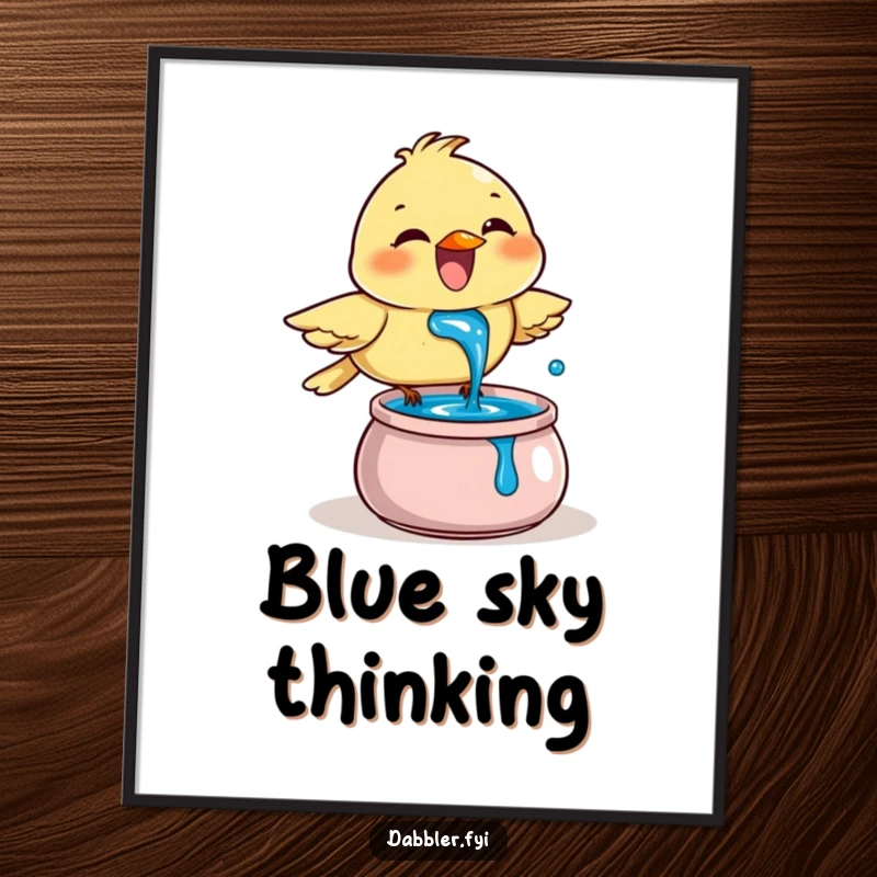 Funny Poster: A joyful bird enthusiastically dips its beak into a pot of blue ink, capturing a moment of vibrant artistic expression.