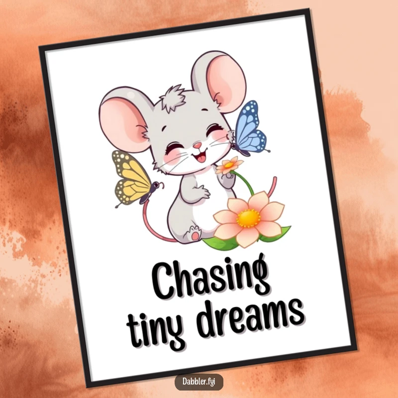 Funny Mouse Poster: Smiling mouse observing a butterfly on a flower, creating a delightful and humorous wall art piece.