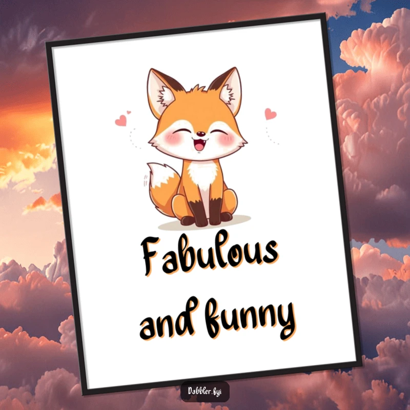 Funny poster of a fox giggling while trying on trendy hats and outfits, perfect wall art and a funny gift.