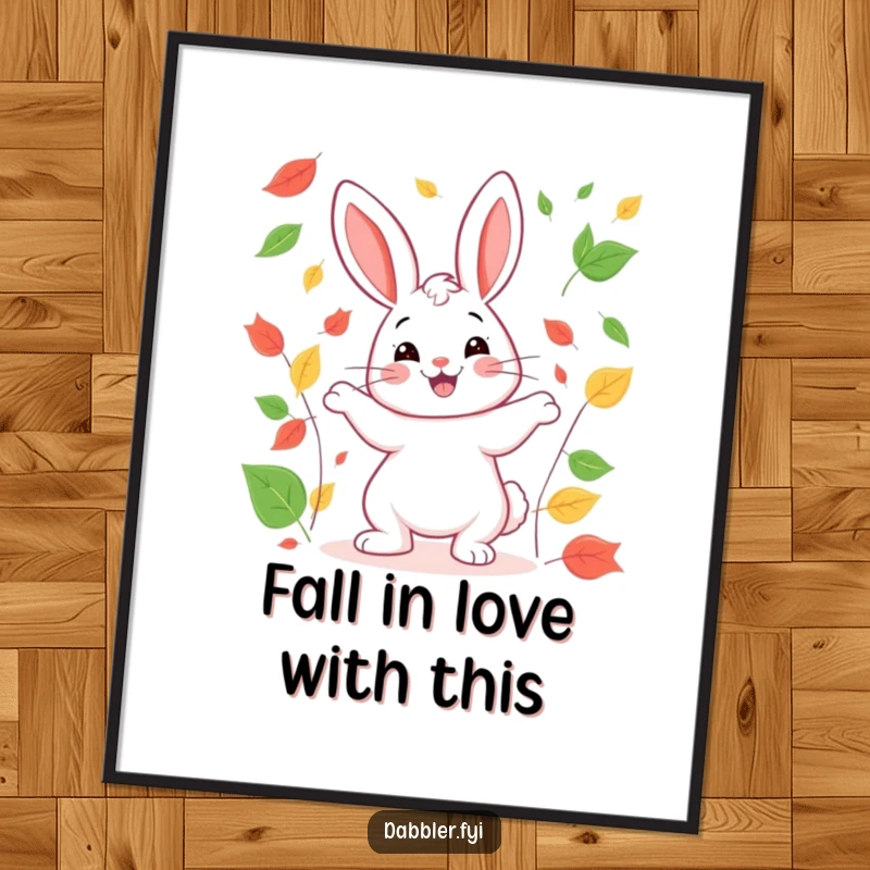 Funny rabbit juggling poster featuring a happy rabbit smiling broadly while juggling colorful autumn leaves, creating a cheerful art piece.