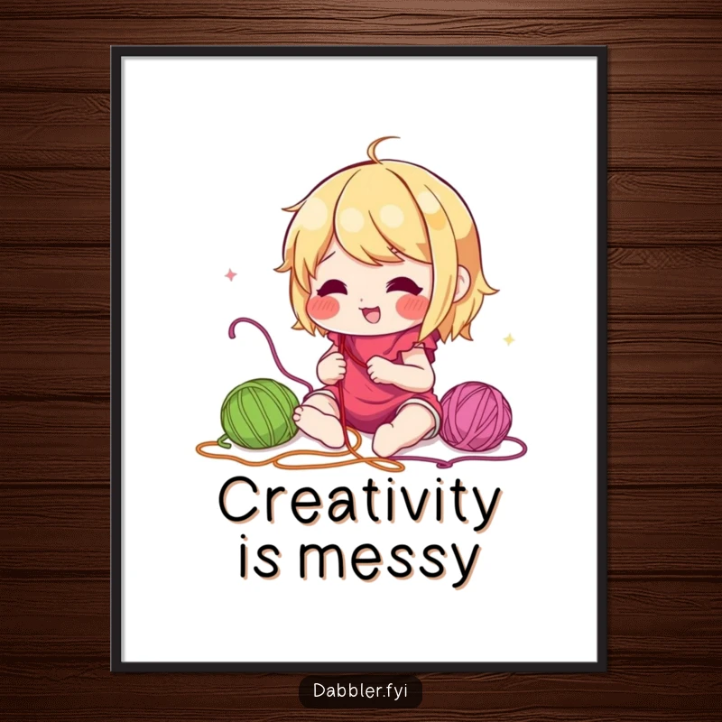 Funny poster print illustrating a lively character passionately experimenting with a spectrum of colorful embroidery threads, adding artistic humor to any space.