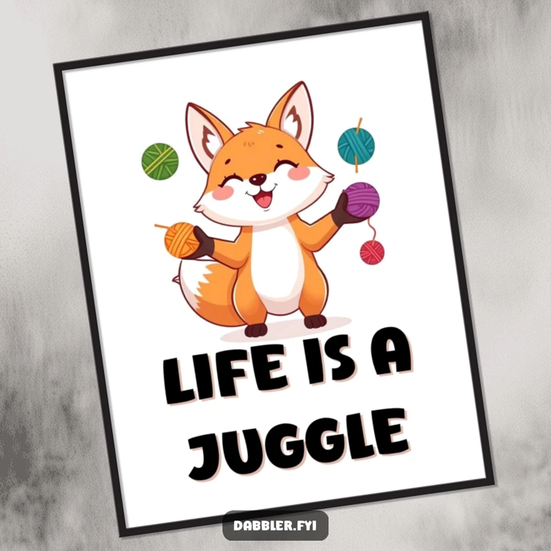Funny Fox Poster: A playful fox grins while juggling colorful yarn balls, bringing vibrant energy and humor to wall art.