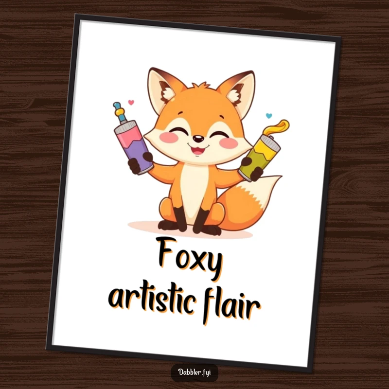 Funny fox juggling poster, playful artist fox with paint tubes, whimsical wall decor, humorous and creative art print gift.