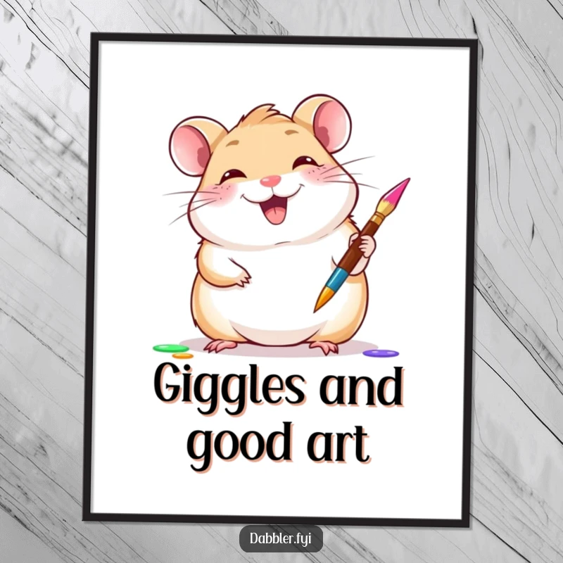 Funny hamster poster depicting a giggling hamster gleefully trying a new paintbrush, a charming funny gift.