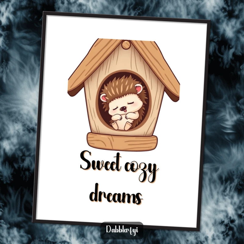 Funny Poster: A sleepy hedgehog character snoozing inside a cozy, half-finished birdhouse, depicting peaceful humor.