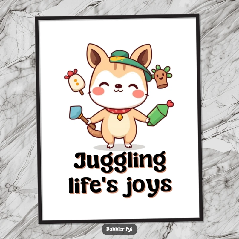 Funny Poster of a curious animal character smiling while juggling three distinctly quirky items, bringing whimsical charm and humor to any room.