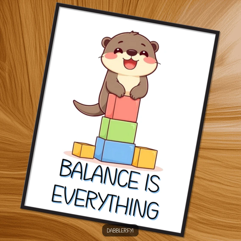 Funny Poster: A delighted otter character skillfully balancing a high tower of colorful building blocks, humorous art.
