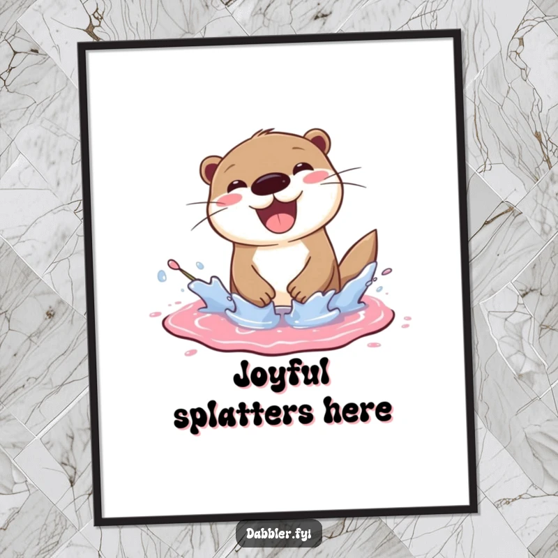 Funny otter poster depicting a cheerful otter splashing joyfully in a paint puddle, a vibrant funny gift.