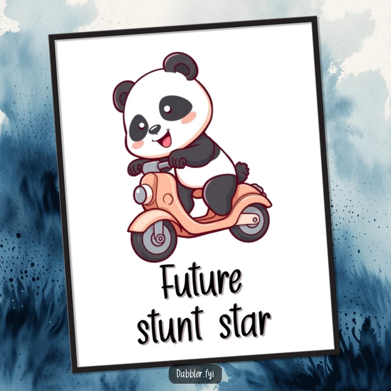 Funny Panda Poster: A spunky panda character attempts to ride a toy scooter, creating a humorous and eye-catching art piece.