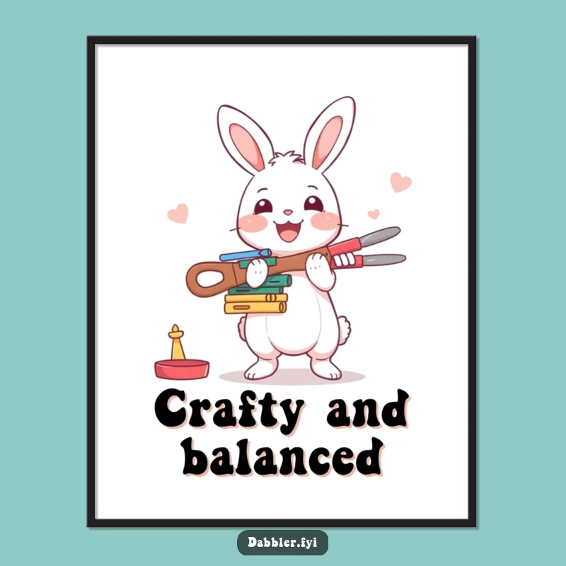 Funny Rabbit Crafter Poster: Happy Character Balancing Crafting Tools with Enthusiasm