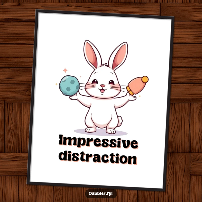 Funny poster of a rabbit skillfully juggling three distinct, colorful objects, perfect wall art and a funny gift.