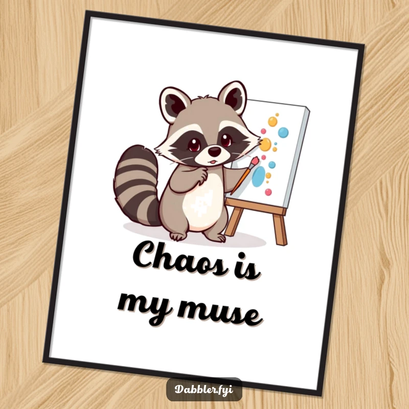 Funny Poster: A mischievous raccoon playfully dabs paint onto a canvas with its tail, capturing a moment of pure artistic fun.