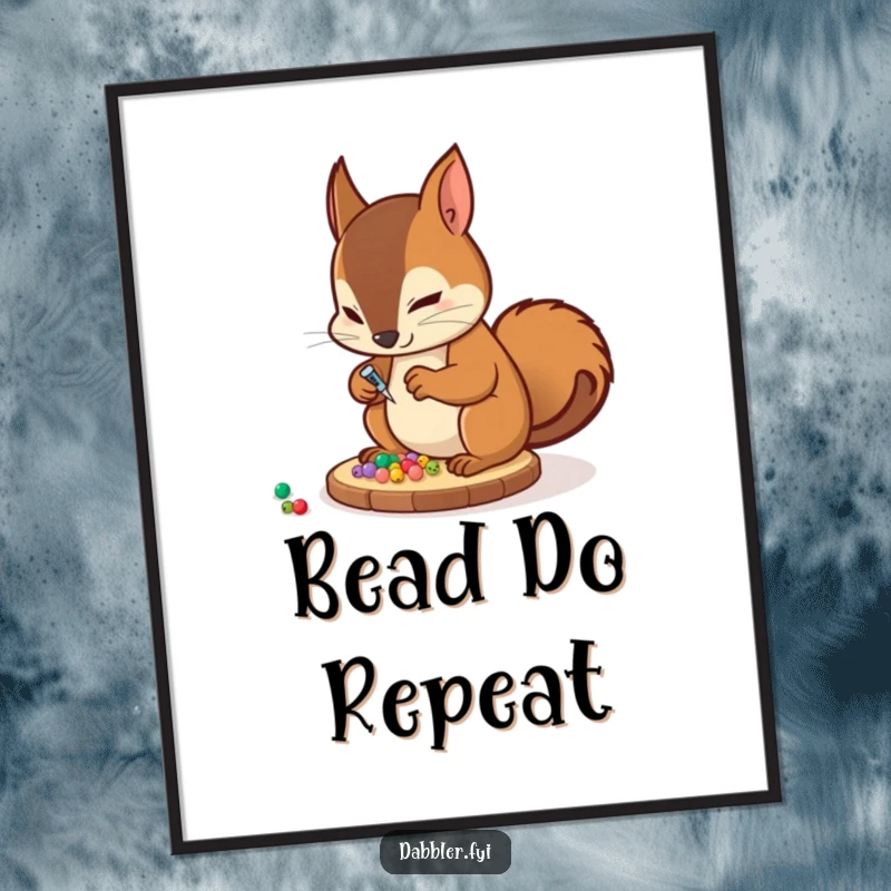 Funny Poster: A determined squirrel artist meticulously glues tiny decorative beads onto a coaster, a humorous and detailed art piece.