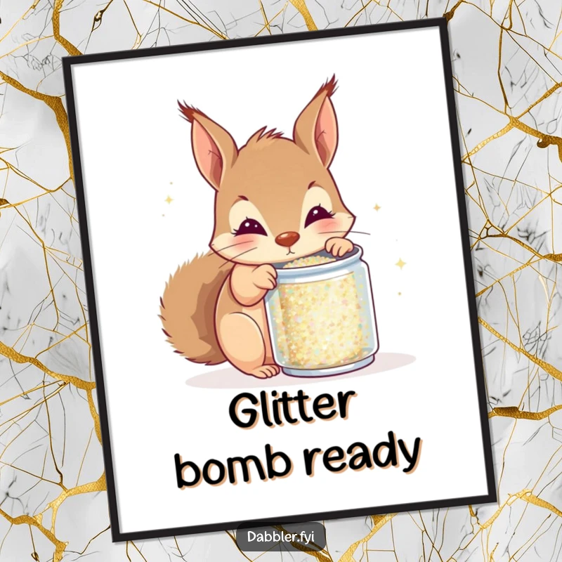 Funny squirrel glitter poster, curious squirrel peeking into tiny can of glitter, sparkling wall decor, humorous and creative art print gift.