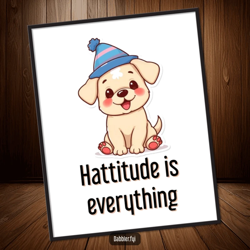 Funny poster of an adorable puppy joyfully wearing a ridiculously silly hat, perfect wall art for dog lovers.