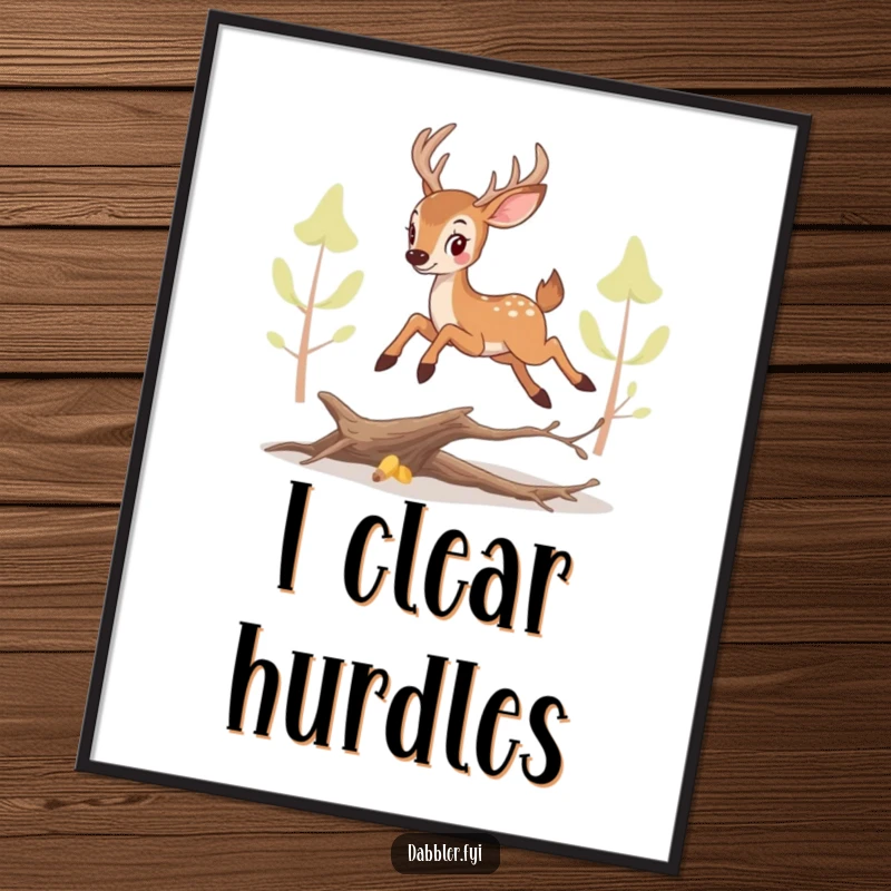Funny perky deer poster, showcasing a dynamic leap over a small branch, adding playful woodland charm to decor.