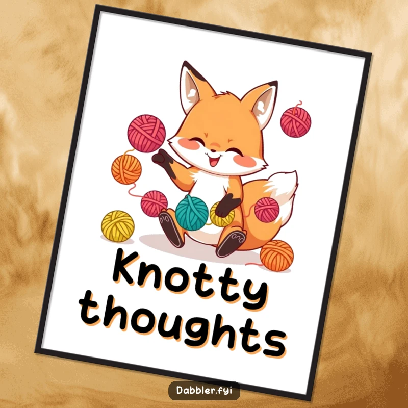 Funny poster depicting a playful fox character juggling colorful yarn balls with a grin, adding vibrant decor.