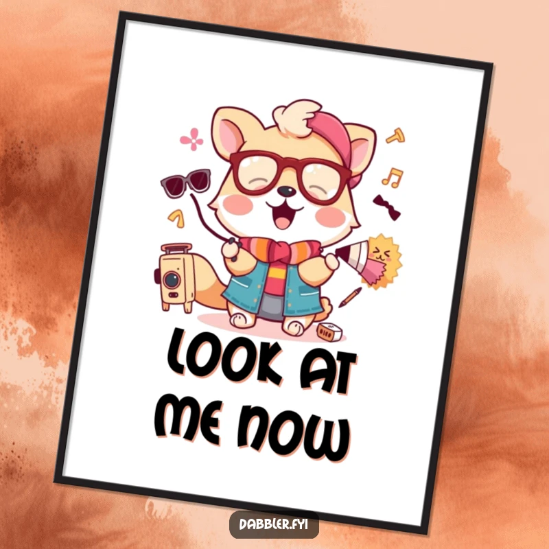 Funny poster of a cheerful animal trying on a ridiculously large pair of spectacles and a silly hat.