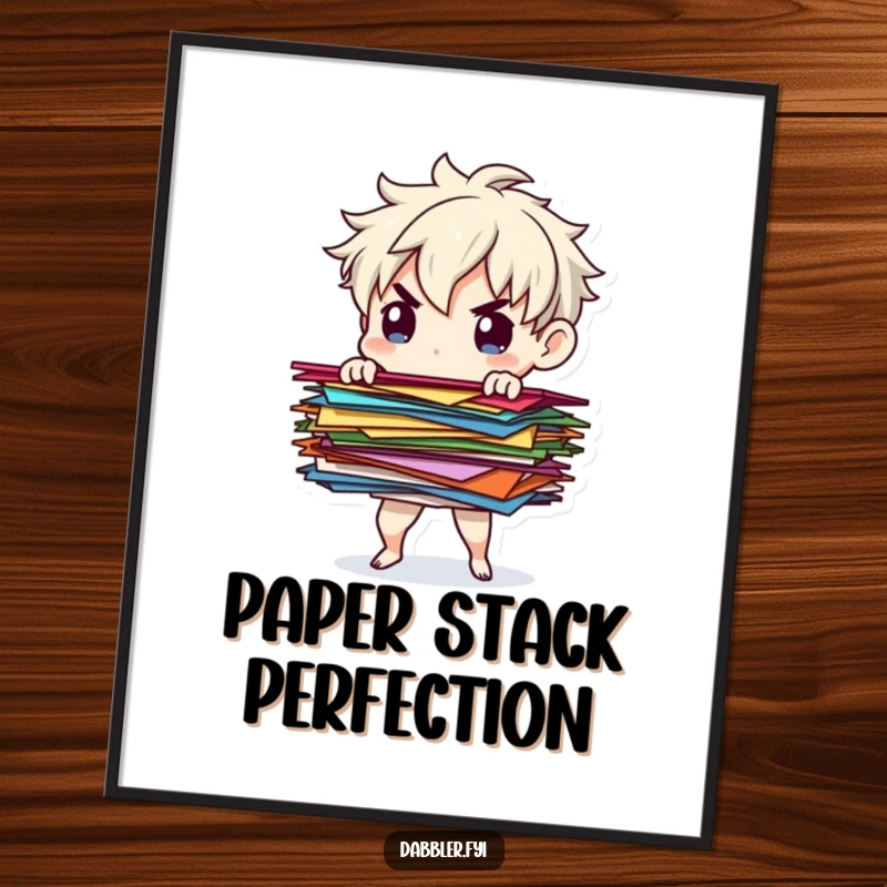 Funny paper balancer poster of a determined character balancing colorful paper scraps, perfect for inspiring and humorous decor.