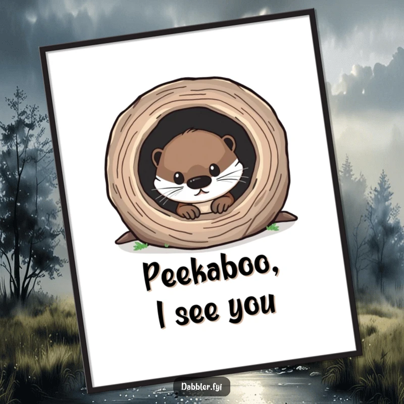 Funny Otter Poster featuring an adorable otter curiously peering into a miniature hollow log, bringing charm to any wall.