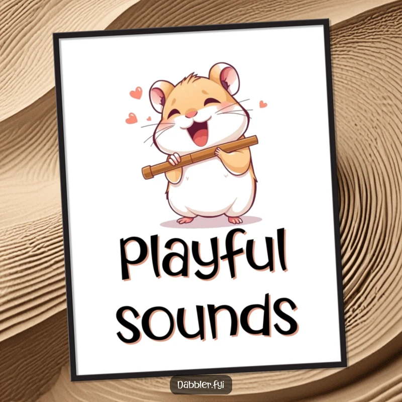 Funny poster art of a delighted hamster character playing a miniature flute with joyful abandon, a whimsical and humorous musical scene.