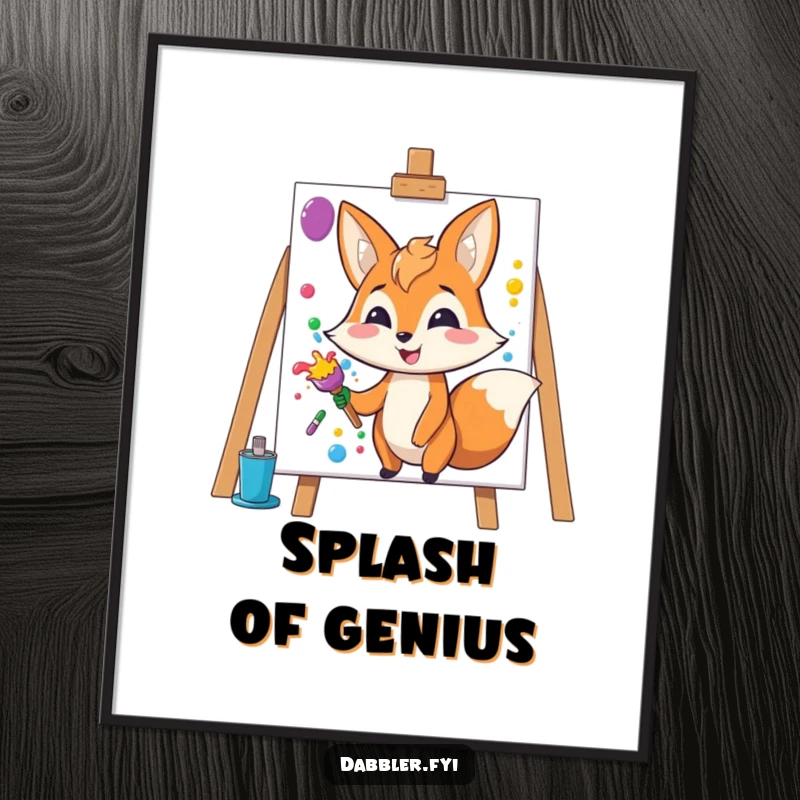Funny Fox Poster: Happy fox character splashes colorful paint onto a blank canvas, vibrant and fun.