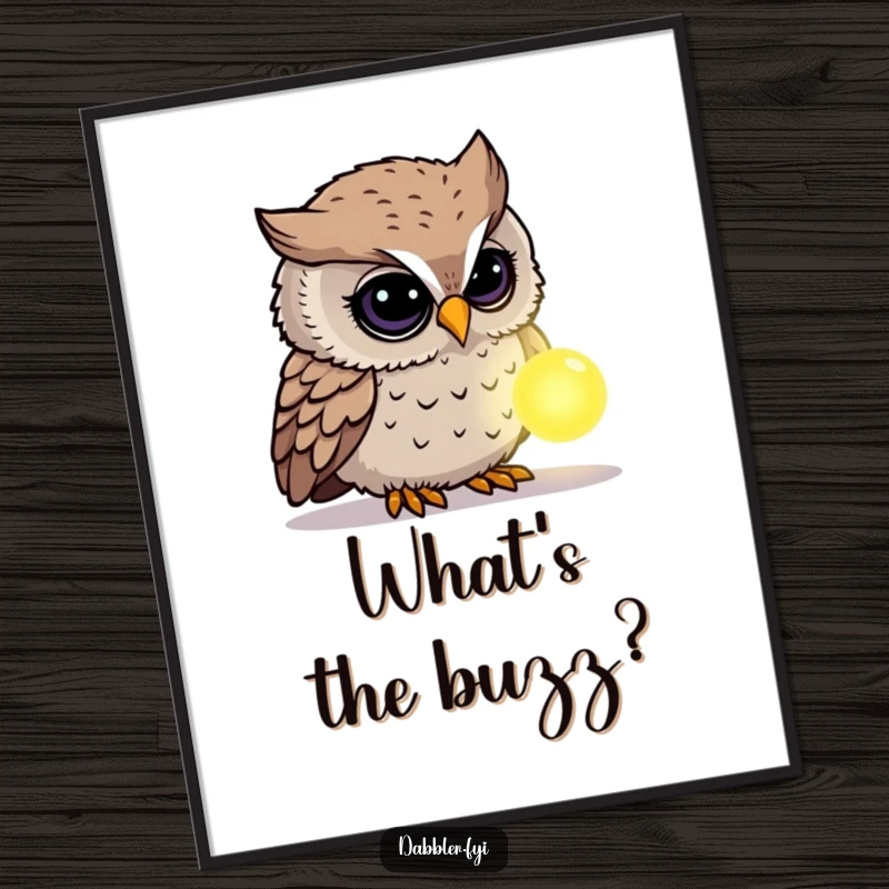 Funny Owl Poster: A curious owl character holds a glowing, mysterious object, creating mysterious and humorous wall art.