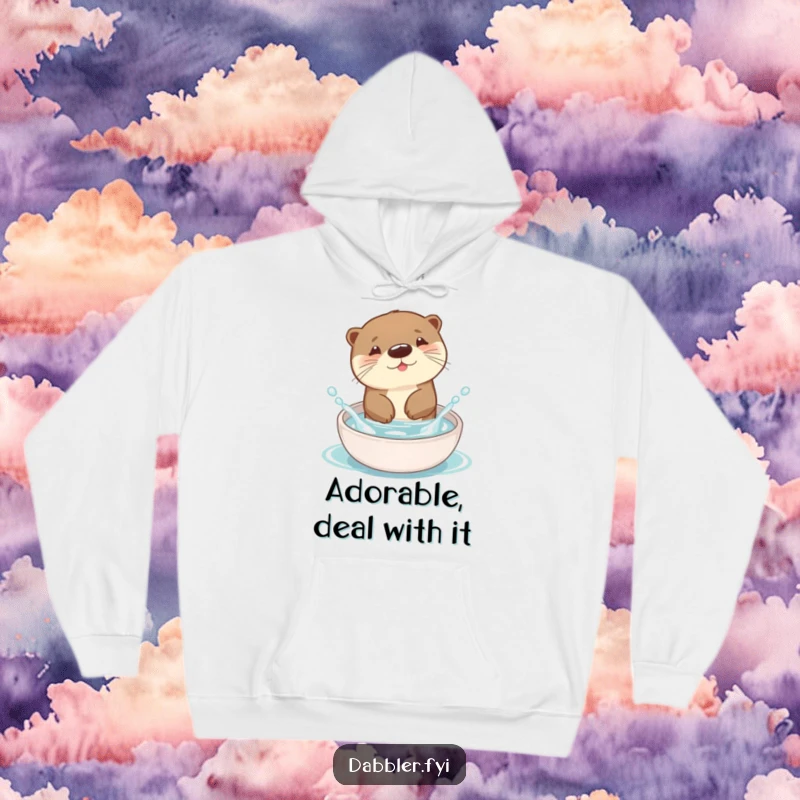 Funny Otter Hoodie featuring a cute otter having a splashing good time in a tiny, colorful dish, bringing warmth and humor.