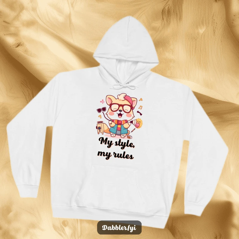 Funny hoodie with a smiling animal playfully juggling a monocle, tiny hat, and a feather boa.