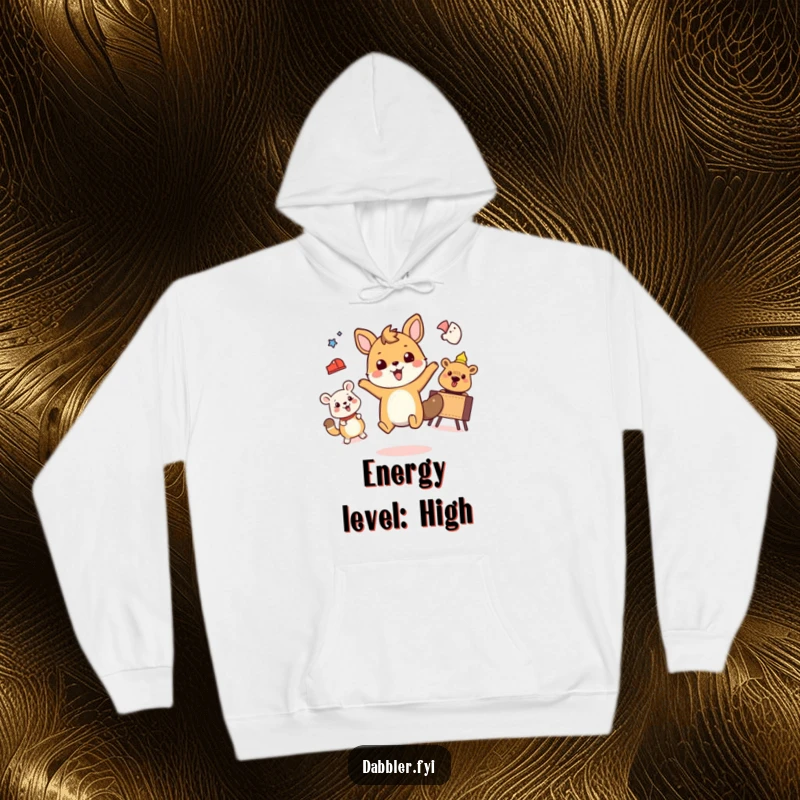 Funny hoodie showing a happy animal enthusiastically running, dancing, and kicking a ball.