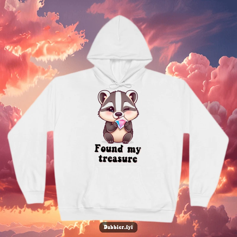 Funny hoodie featuring a surprised badger winking while holding a sparkly gem, designed for warmth and humor.