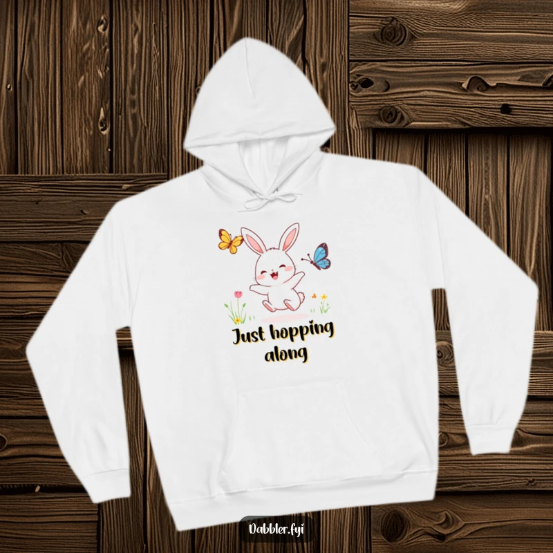 Funny hoodie with a smiling rabbit character joyfully chasing a delicate butterfly through a whimsical, colorful landscape.