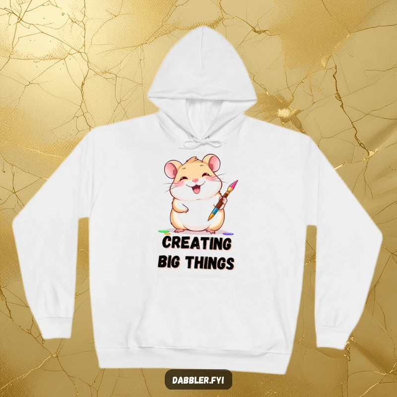 Funny hamster hoodie showing a giggling hamster gleefully trying a new paintbrush, a cozy funny gift.
