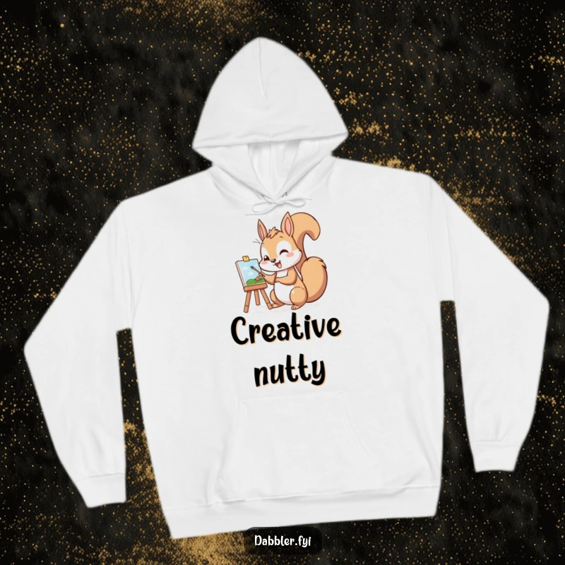 Funny hoodie depicting a cheerful squirrel artist enthusiastically painting a miniature picture, a cozy and humorous design.