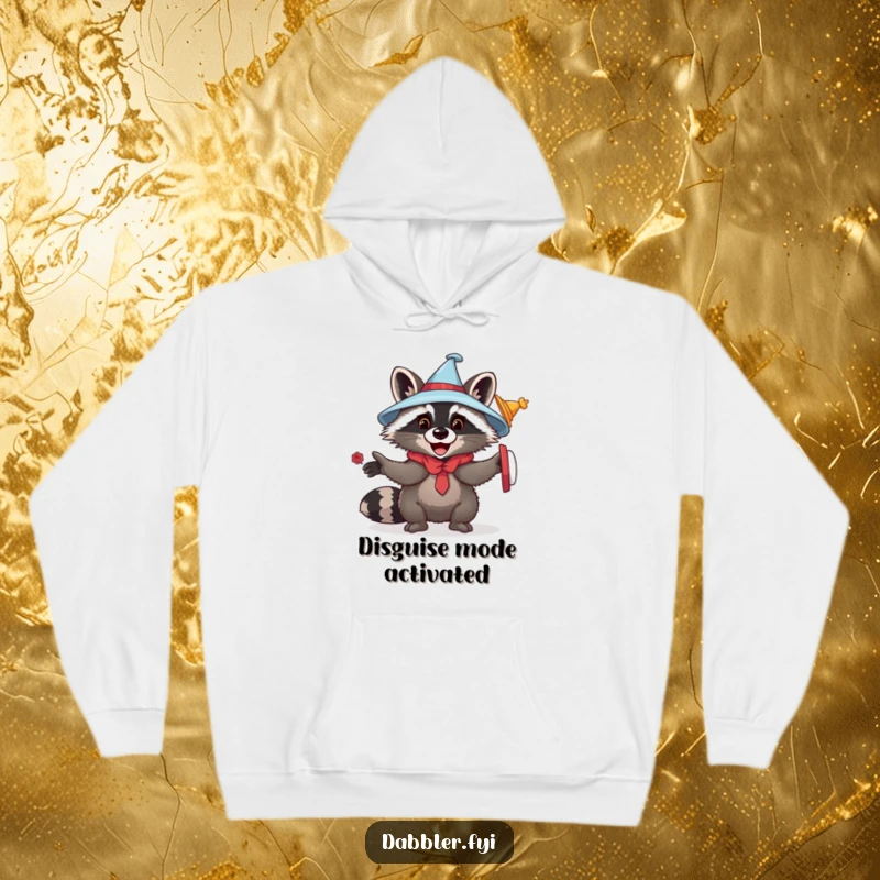 Funny playful raccoon hoodie showing a raccoon in various hats and disguises, conveying a fun-loving and adventurous spirit, perfect for casual wear.