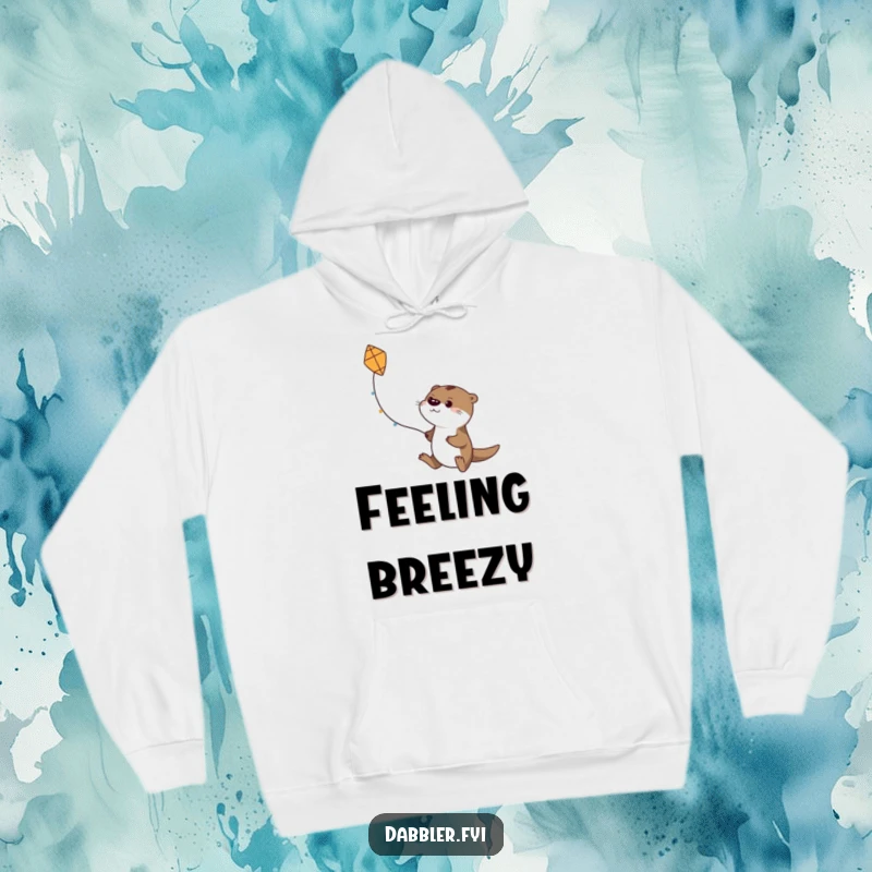 Funny hoodie depicting a determined otter character attempting to fly a small, handmade kite, conveying adventurous spirit humorously.