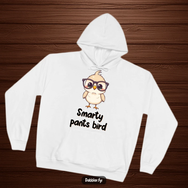 Funny Bird Hoodie showcasing a charming bird wearing oversized glasses, radiating studious humor and warmth.
