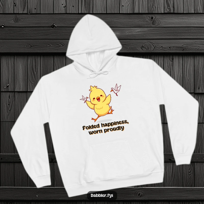 Funny Hoodie: A playful chick character dances joyfully, clutching a small, intricate origami crane, bringing warmth and humor.