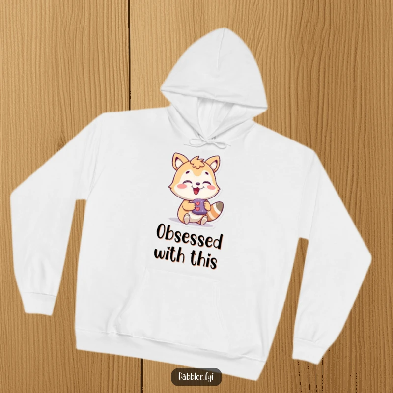 Funny Cozy Hoodie with a happy animal character fascinated by a small, intriguing new item, a perfect warm funny gift.